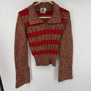 Vintage 70s BeeWear Space Dye Striped Knit Cropped Bell Sleeve Sweater Red Brown